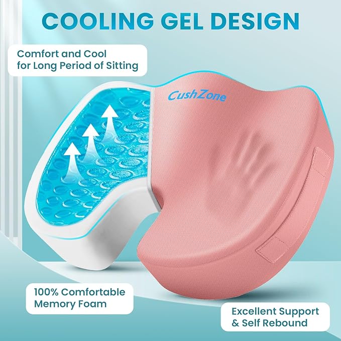 Office Chair Seat Cushion, Cooling Gel Enhanced Memory Foam Cushion for Long Sitting - Back, Coccyx & Tailbone Support Pillow - for Office, Gaming, Car, Wheelchair - Pink, Large