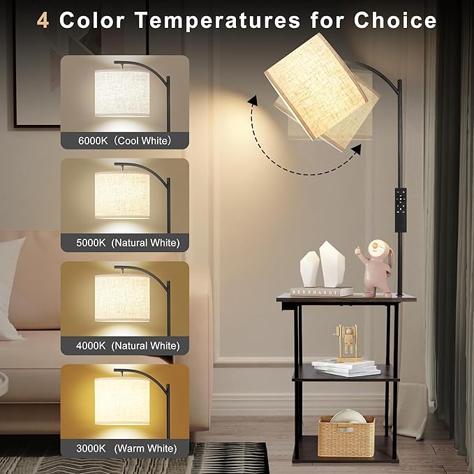 PESRAE Floor Lamp with Remote, Adjustable 3000K-6000K Colors & Brightness Bulb, End Table with Charging Station(USB & Type-C & AC Port), Modern Shelves Side Table for Bedroom, Living Room, Office
