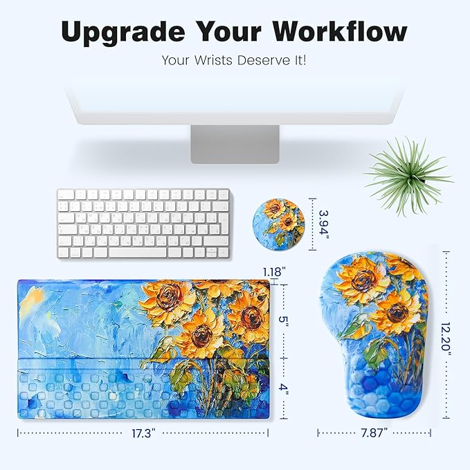 Ospelelf Ergonomic Mouse Pad and Keyboard Stand Wrist Rest Set, Memory Foam Comfort, for Typing, Office Desk Accessories, Sunflower