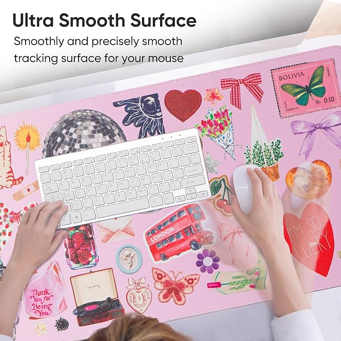 Pink Desk Mat, Leather Desk Pad Blotter Protector, XXL Large Mouse Pad,Computer Laptop Mouse Pads for Desktop,Waterproof Writing Anti-Slip Mousepad for Office and Home I Colorful Stickers
