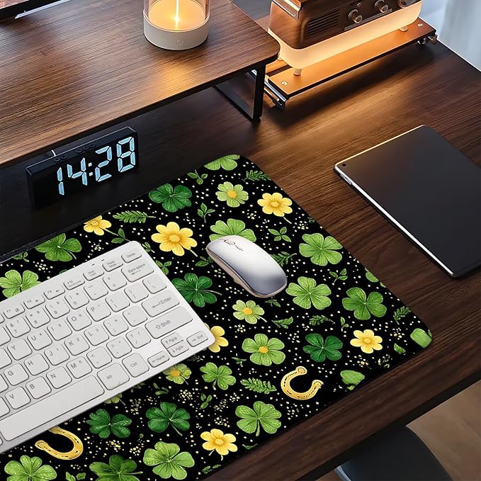 Large Mouse Pad & Keyboard Mat 35x16 Inches, Fresh Clover and Golden Horseshoe Meadow Non-Slip Rubber Base Desk Mat, Large Extended Desk Protector for Home Office Gaming Setup