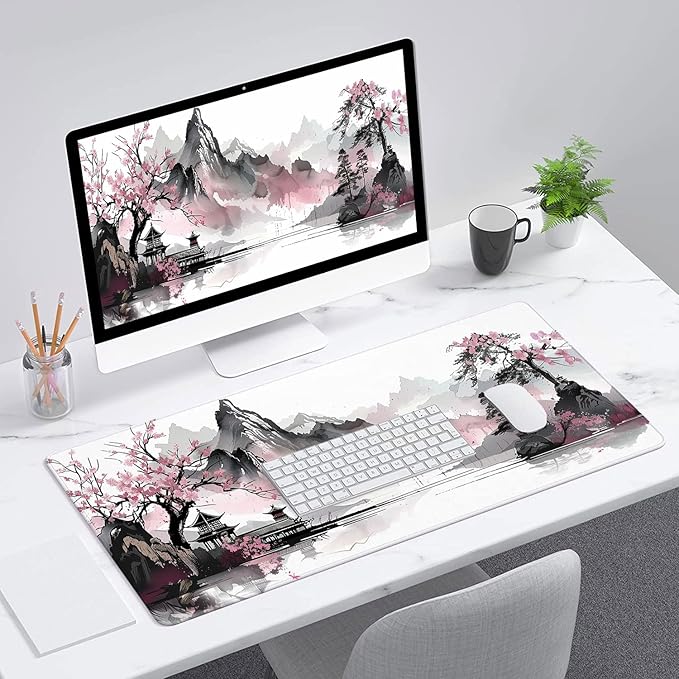 Cherry Blossom Desk Mat Gaming Mouse Pad Pink Watercolor Japanese Extended Gaming Mat with Stitched Edge Non-Slip Base Big Office Computer Keyboard Laptop Home 31.5"x11.8"
