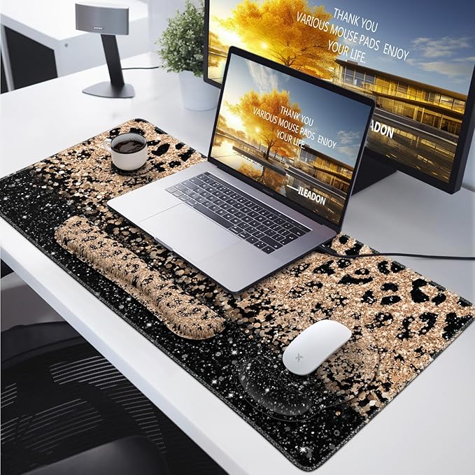 iLeadon Mouse Pad Set, Desk Mat + Mouse Pad with Wrist Rest + Keyboard Wrist Rest + Coaster, 4in1 Leopard Mouse and Keyboard Pad Set for Home Office, Black Gold Leopard