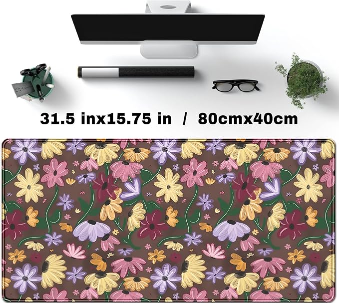 Pastel Floral Desk Mat - Retro CottagecoreBlooming Colorful Flowers Large Mouse Pad for Women Girls, Non-Slip XL Gaming Pad for Vibrant Study Office Cubicle Decor 31.5x15.7in