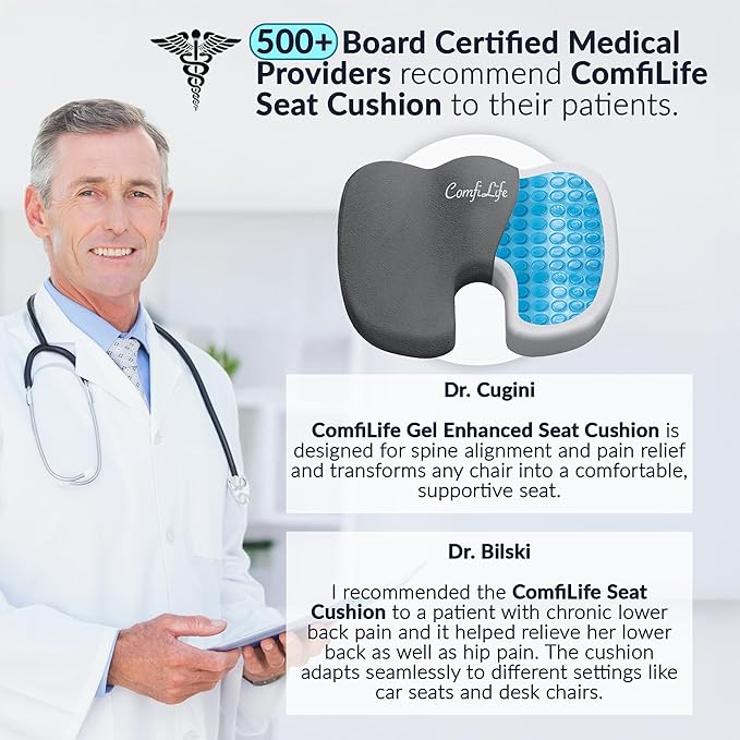 ComfiLife Premium Gel & Memory Foam Seat Cushion – Doctor Recommended Office Chair Cushion, Car Seat Cushion – Ergonomic Coccyx & Back Support Cushion for Office Desk (Charcoal)
