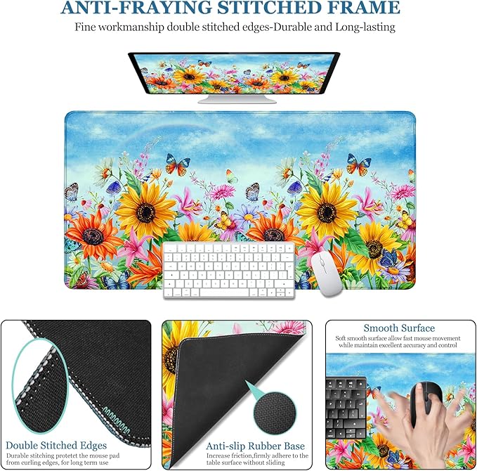 Desk Pad Sunflowers, Big Mouse Pad Flower Butterfly Women Girls Desk Mat Extended Large Gaming Mouse Pad Non-Slip Base Stitched Edge Work Home Office Desks Computer Keyboard Laptop Decor Mouse Mat