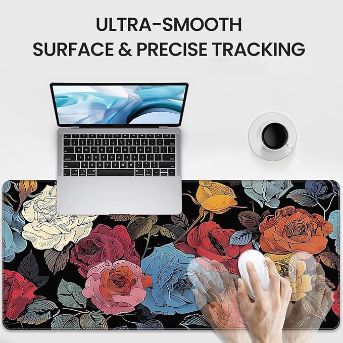 XXL Gaming Mouse Pad, Vintage Roses Floral Design, 35.4 x 15.7 Inches, Non-Slip Rubber Base, Microfiber Cloth, Extended Rectangular
