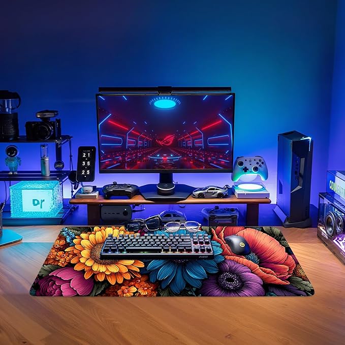 Spring Flowers Extended Gaming Mouse Pad 31.5x11.8inches Large Desk Mat Anti-Slip Rubber Base & Durable Stitched Edges for Gamers Smooth Mouse Writing Surface for Desk Office/Home