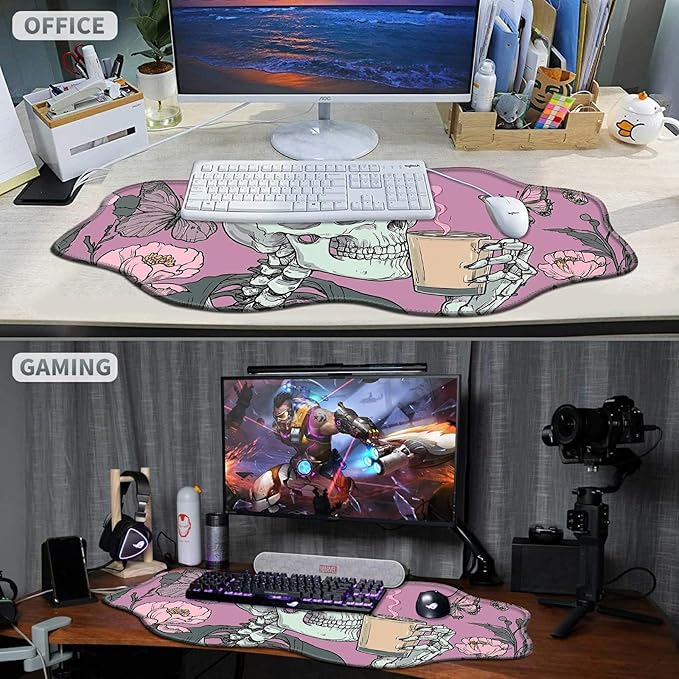 Skull Coffee Pink Large Gaming Mouse Pad Plus a Coaster, 35.4 x 15.7 inches Desk Mat Extended XXL Mousepad with Stitched Edge Non-Slip Rubber, Desk Pad Computer Mouse Mat for Home Office