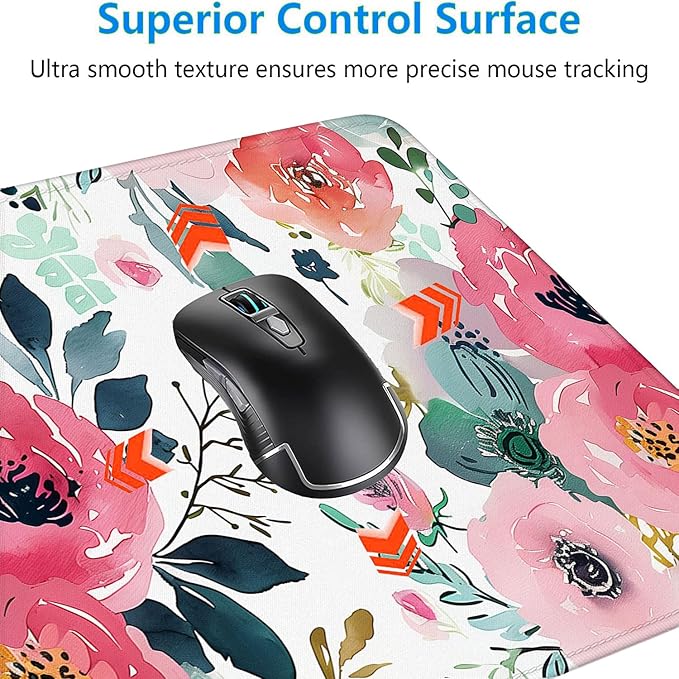 Pink Floral Gaming Mouse Pad Watercolor Flower Plant Large Gaming Mouse Mat with Stitched Edges,Non-Slip Waterproof Rubber Base Mous Mat 31.5"x11.8" Office Computer Keyboard Laptop Home