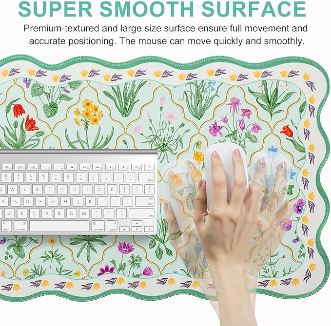 L-SPOUTTO Green Mouse Pad,Botanical Desk Mat XXL Large Scalloped Gaming Mousepad,35.4x15.7in Non-Slip Rubber Base Keyboard Pad Waterproof Desktop Mat for Laptop Computer Game Home Office-Flowers