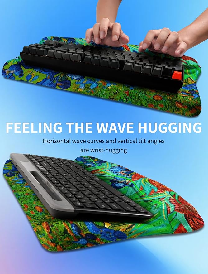 Ergonomic Wave Wrist Rest with Keyboard Stand, Cushioned Palm Rest, Comfortable Integrated Memory Foam for Natural Typing and Relieve Wrist Pain, Van Gogh Iris Flower