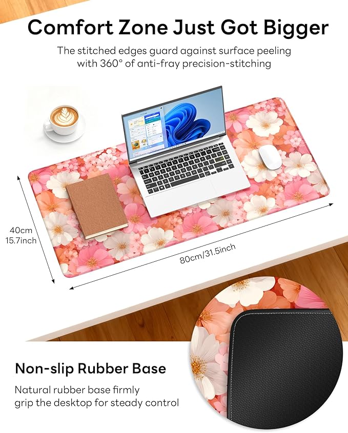 XL Gaming Mouse Pad, 31.5x15.7'' Large Desk Mat with Anti-Slip Rubber Base & Stitched Edges for Gaming, Office, Home, Floral