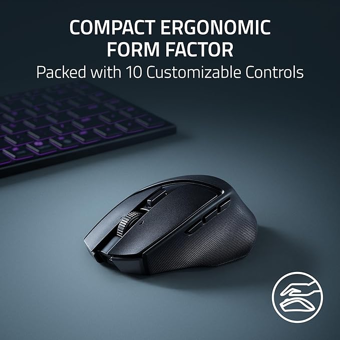 Razer Basilisk Mobile Portable Ergonomic Wireless Gaming Mouse: 10 Programmable Controls HyperScroll - Optical Switches Gen-3 - Long Battery Life - AI Prompt - 2.4 GHz, Bluetooth, USB C