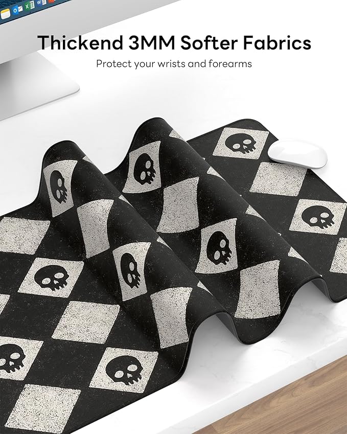 XL Gaming Mouse Pad, 31.5x15.7'' Large Desk Mat with Anti-Slip Rubber Base & Stitched Edges for Gaming, Office, Home, Cute Skulls