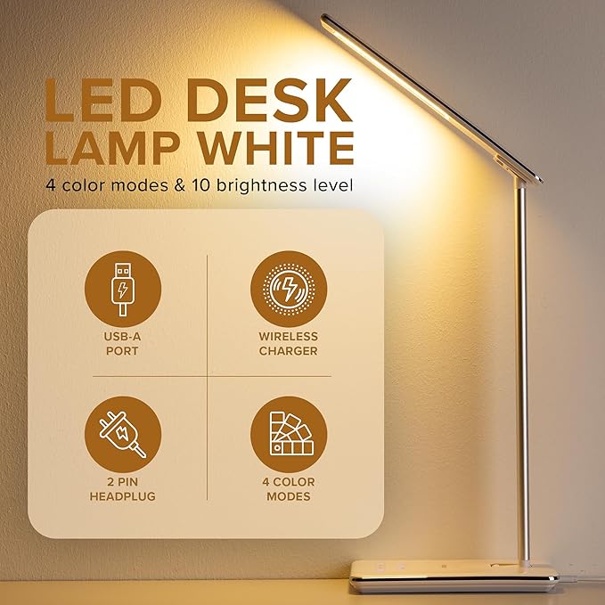 LED Desk Lamp White | Wireless Charger & USB Port | 4 Color Modes & 10 Brightness Level | Eye Caring Touch Control Lamp with Auto Timer | Foldable Adjustable Arm | Modern Light for Home Office