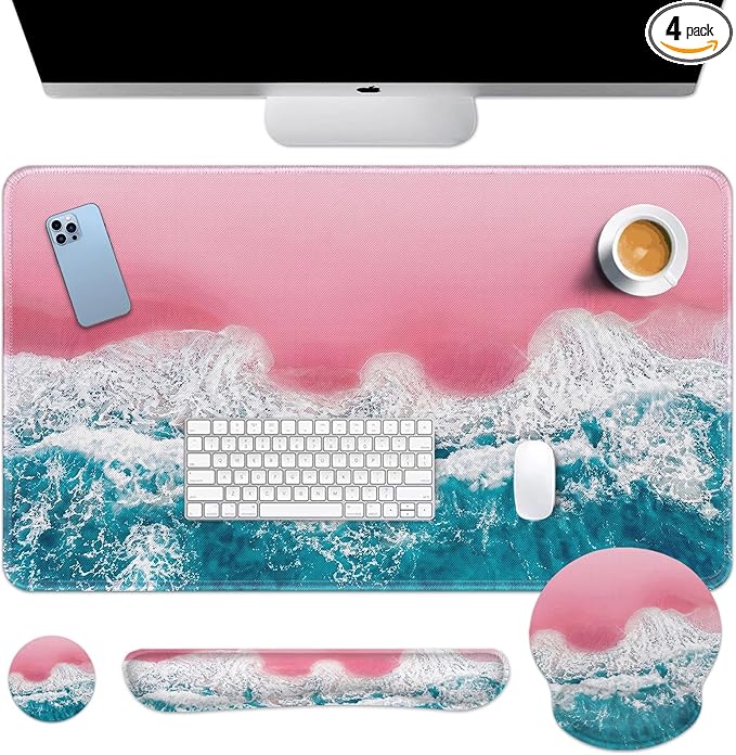Britimes Blue Sea Keyboard Mouse Pad Set Pink Sand Beach 4in1 Large Mousepad+Keyboard Wrist Rest+Mouse Wrist Rest+Coaster Set with Ergonomic Design for Home Office Computer 35.4x15.7 inches