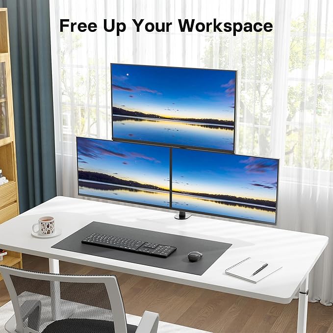 BONTEC Triple Monitor Desk Mount, Supports 13-32 Inch Screens, Full Motion Adjustability, VESA 75x75/100x100mm, Up to 22lbs per Arm, C Clamp and Grommet Mounting Options, Cable Management