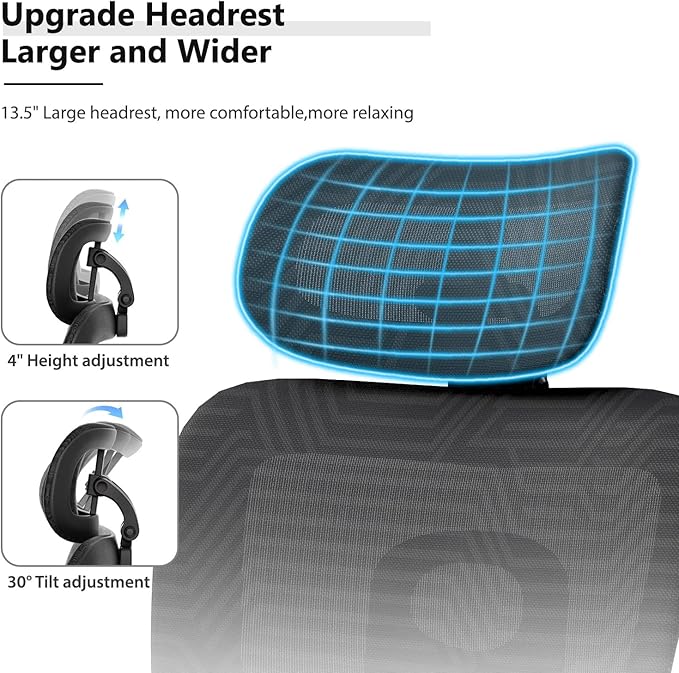 Ergonomic Mesh Office Chair, Adjustable Headrest, 3D Armrests, Lumbar Support, Tilt Lock Function, Breathable High-Back Desk Chair Computer Chair for Home Office Work, Study, Gaming, Black