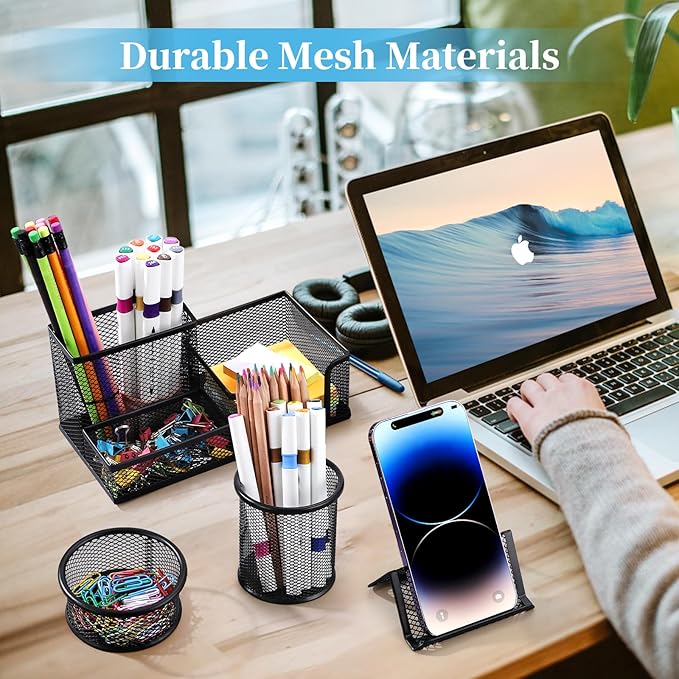 Mesh Pen Holder for Desk Pencil Holders 5 Pieces Desk Organizer Office Supplies Caddy with Sticky Notes Holder for Office School Home Black