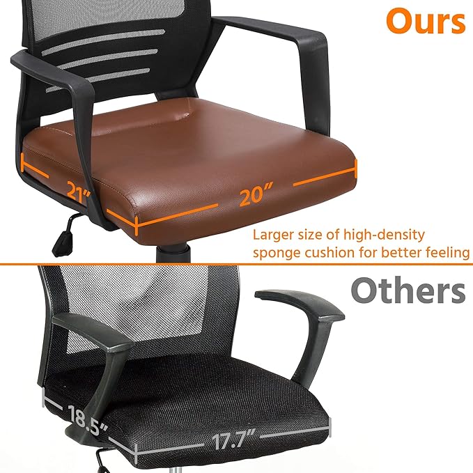 Yaheetech Mid Back Mesh Office Chair with Leather Seat Executive Office Computer Task Chair with Armrests and Lumbar Support, Brown