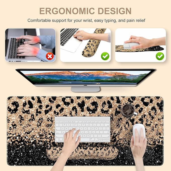 iLeadon Mouse Pad Set, Desk Mat + Mouse Pad with Wrist Rest + Keyboard Wrist Rest + Coaster, 4in1 Leopard Mouse and Keyboard Pad Set for Home Office, Black Gold Leopard