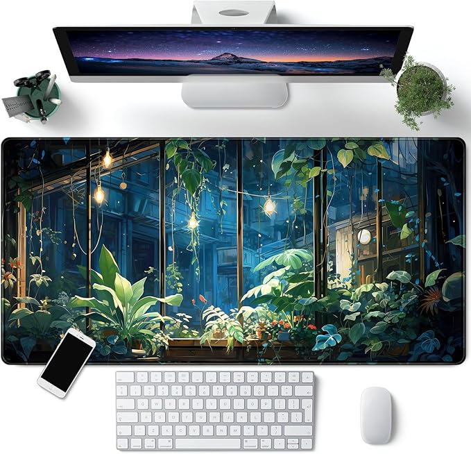 Plant Desk Mat Green Big Mouse Pad Large Gaming Mousepad Extended Keyboard Pad City View Aesthetic Desk Pad XXL Mouse Mat 31.5''X15.7'' Office Decor Cute Desk Accessories for Women