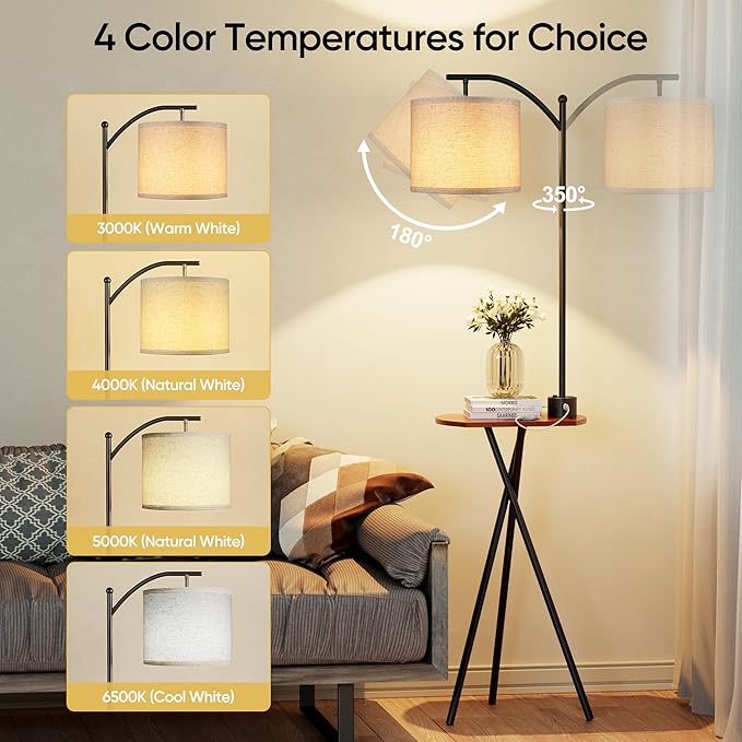 ROTTOGOON Floor Lamp with Table, End Table Lamp with Remote Control and Charging Station(USB A & Type-C & AC Port), 4 Color Temperatures, Floor Lamps for Living Room, Bedroom and Home Office,Black