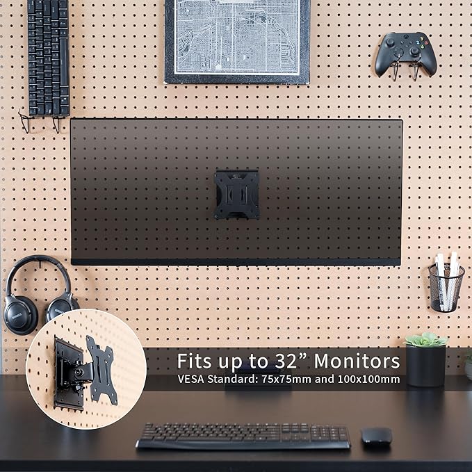 VIVO Articulating Single Monitor Pegboard Mount, Fits Screens up to 32 inches and Peg Boards up to 0.25 inches Thick with 1 inch Hole Spacing, Black, Mount-PB1