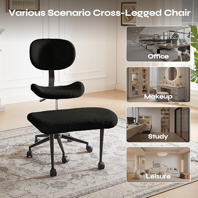 Ergonomic Cross Legged Chair for ADHD, Meditation Chair with 360° Swivel Wheels, Kneeling Office Chair with Back Support, Strong Lumbar Support, Teddy Fabric, Black