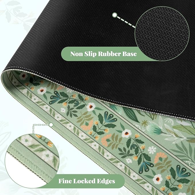 Large Mouse Pad for Desktop, Cute Desk Mat Pad Protector for Work, Aesthetic Pretty Anti-Slip Keyboard Cover for Office School Home Supplies, Green Floral, 35.4" x 15.7"