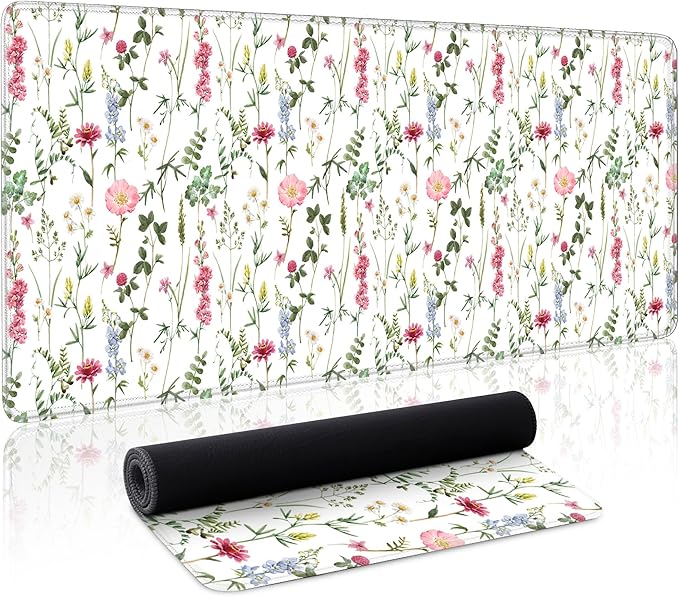 White Kawaii Flower Mouse Pad Large Desk Mat Extended Keyboard Mouse Pad Cute Mousepad with Non-Slip Base and Stitched Edge Floral Mouse Mat Desk Pad 31.5 x 11.8 Mouse Pads for Desk Home Office Gaming