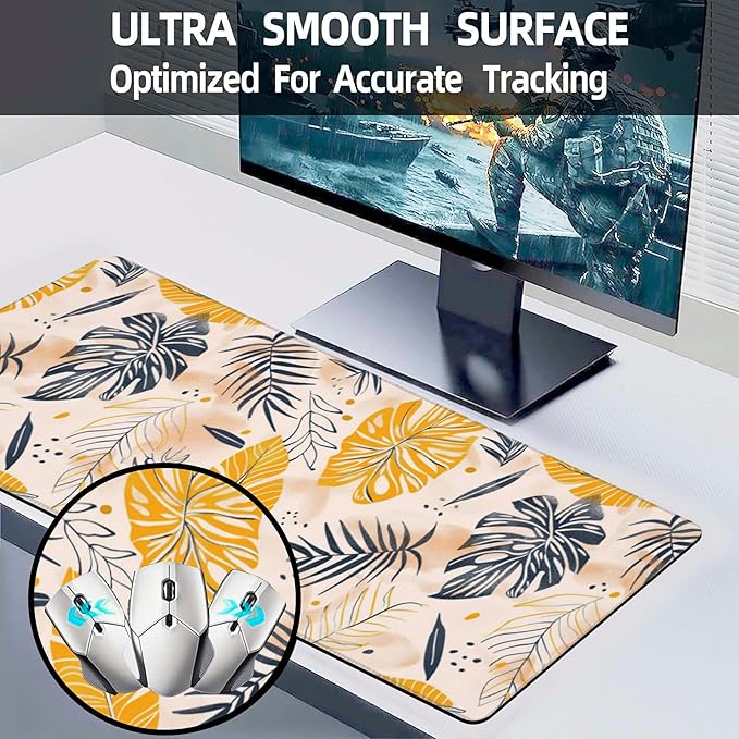 Desk Mat, Boho Palm Leaves Large Gaming Mouse Pad for Desk XL,Boho Tropical Leaves Desk Pad,Extended Big Computer Keyboard Mouse Pad with Non-Slip Base and Stitched Edge 31.5"x11.8"
