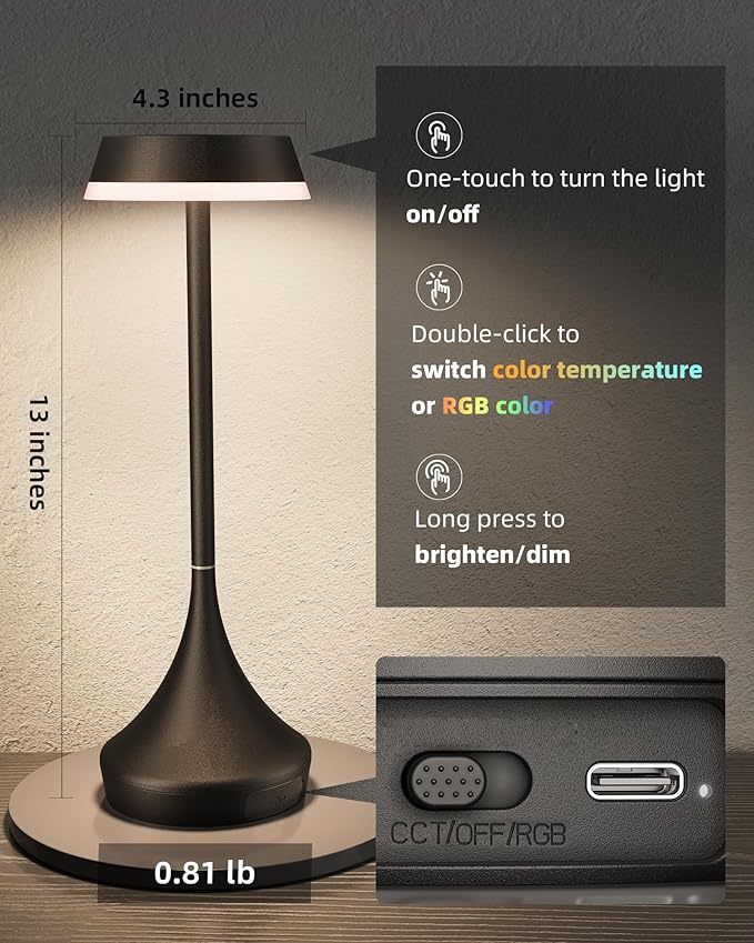 Cordless Lamp, 6000mAh, Outdoor Waterproof, Touch Control, Dimmable, 3 Color Temperature, RGB, LED Memory Function, Portable Battery Operated, Rechargeable Table Lamp Patio Dinning Restaurant Kitchen