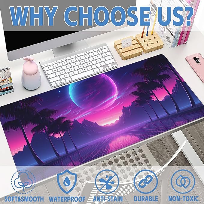 Large Gaming Mouse Pad for Desk,Cool Retrowave Landscape Desk Mat,Science Fiction Scene Desk Pad, Extended Big Computer Keyboard Mouse Pad with Non-Slip Base and Stitched Edge 35.4"x15.7"