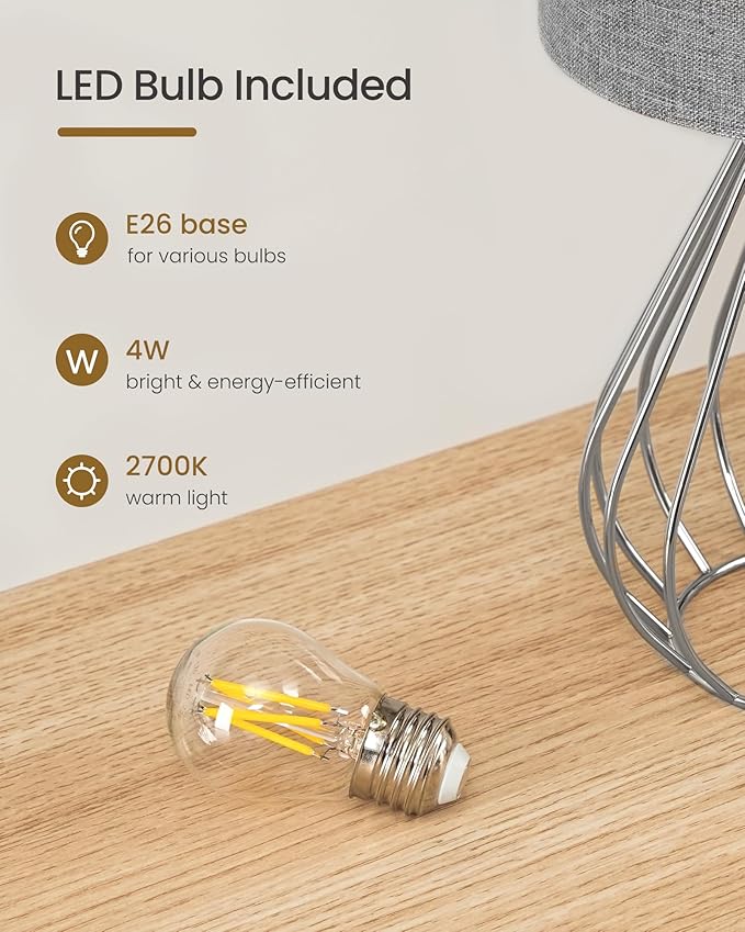 Small Table Lamp, Bedside Lamp with Gray Linen Lampshade & Silver Metal Base, Modern Nightstand Lamp, Little Cute Desk Lamp for Bedroom, Living Room, 2700K LED Bulb Included, SH06TL05