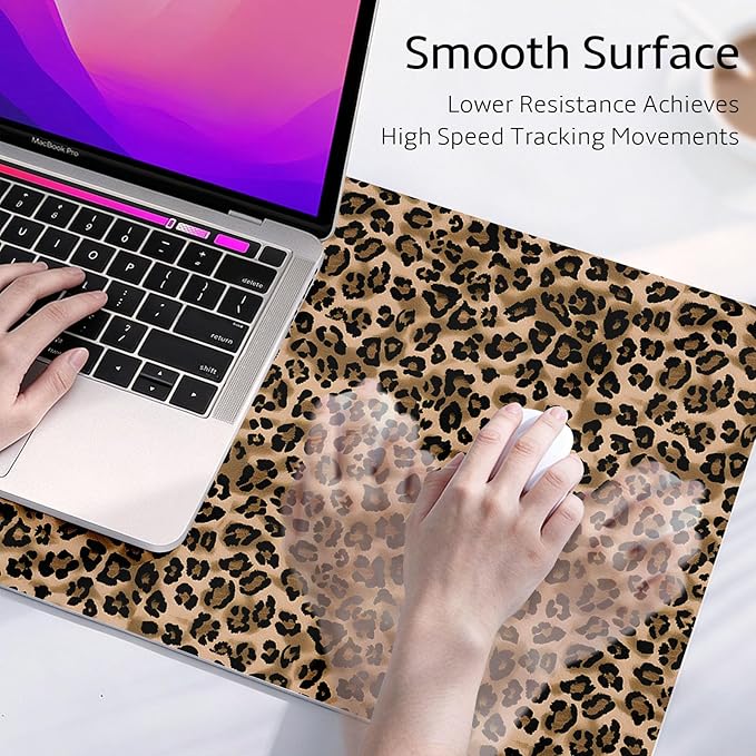Mouse Pad Leather Desk Mat Large Keyboard Cute Office Desktop Computer Laptop XXL Long Big Aesthetic Modern Design Women Girls Gaming Gamer Oversized Wide Mousepad 31.5"x15.7", Leopard
