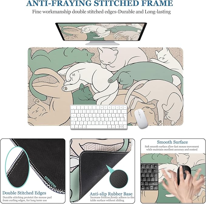 Desk Pad Cat, Desk Matt for Desktop, Cute Sleeping Cat Gaming Mouse Pad Extend XXL Large Desk Mat Anti-Slip Stitched Edges Waterproof Computer Laptop Keyboard Mat for Game, Home, Work, Office