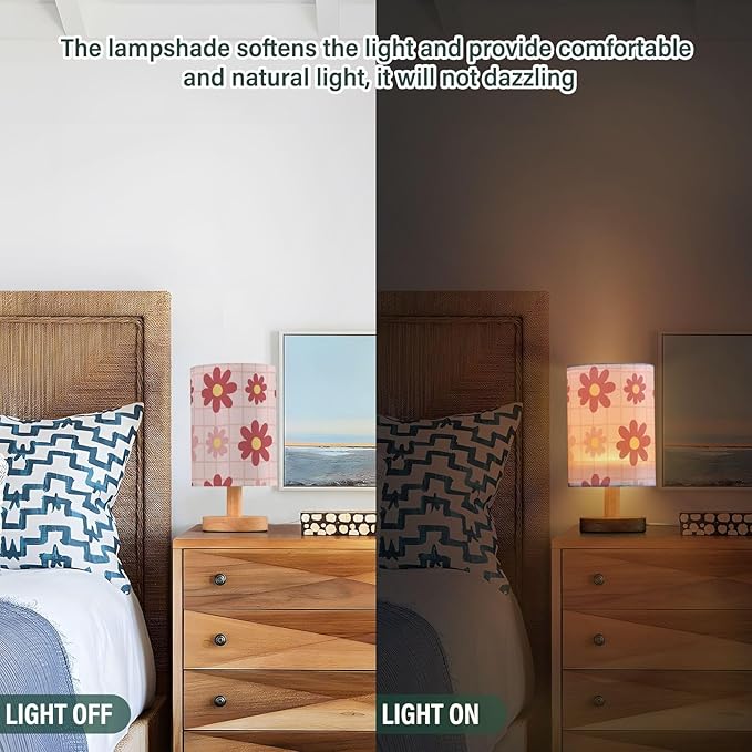 Pink Floral LED Table Lamp, Bedside Lamp with Linen Lampshade, Flicker-Free Eye Care USB Plug in Nightstand Lamp, for Bedroom and Office