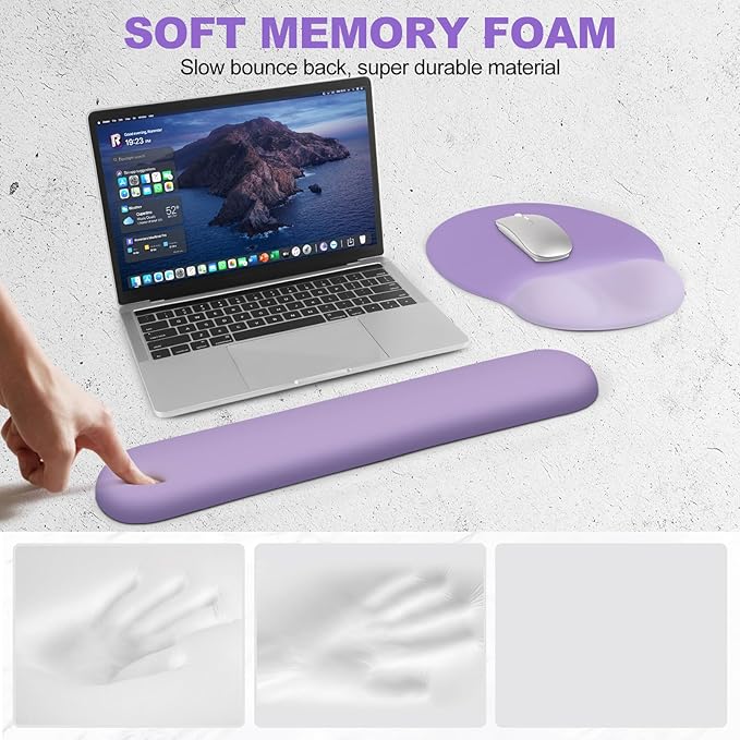 AIMSA Mouse Pad with Wrist Rest Support, Keyboard Wrist Rest Set, Ergonomic Memory Foam Mousepad for Computer Keyboard, Easy Typing and Pain Relief, Purple