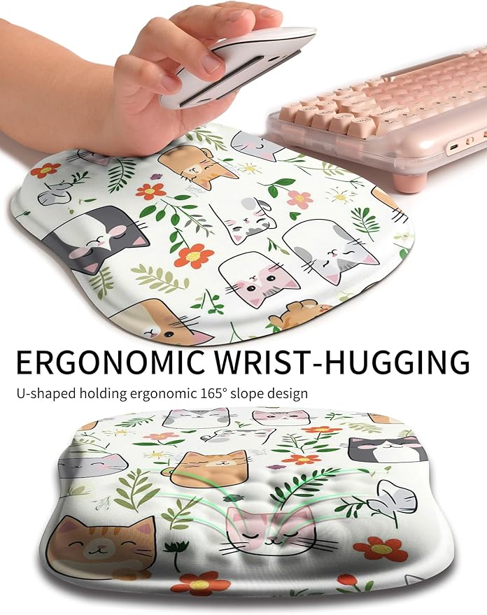 Hokafenle Ergonomic Wrist-Hugging Mouse Pad Wrist Support, U-Shaped Holding Wrist Rest Mousepad for Carpal Tunnel with Cushioned Memory Foam Slope Massage Bulge (10.2x8.3 in, Cute Cat)
