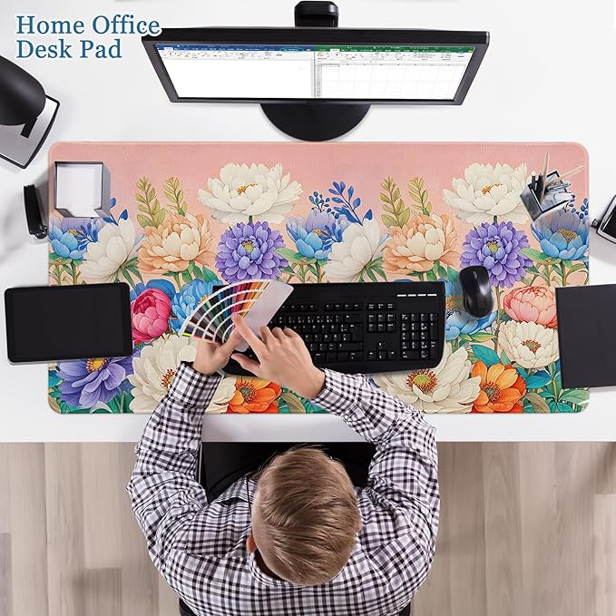 Desk Pad Peony Flowers, Desk Matt for Desktop Women Girls Floral Gaming Mouse pad Extend XXL Large Anti-Slip with Stitched Edges Waterproof Computer Laptop Keyboard Mat for Gaming, Home, Work, Office