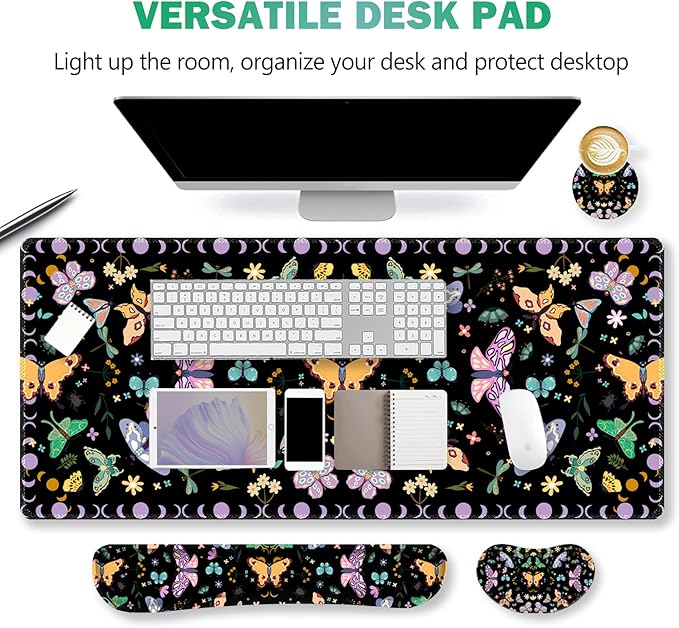 ARTSO Desk Mat Set, Black Butterfly Extended Gaming Mouse Pad with Wrist Rest Support +Keyboard Wrist Rest +Coaster, Large Cute Mousepad, Easy Typing & Comfort