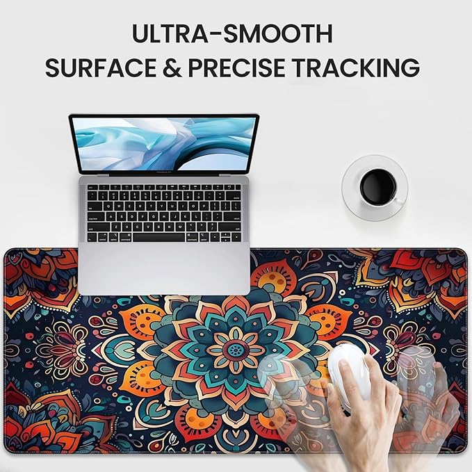 XXL Gaming Mouse Pad, Bohemian Floral Pattern, 35.4 x 15.7 Inches, Microfiber Cloth, Non-Slip Rubber Base, Extended Desk Mat