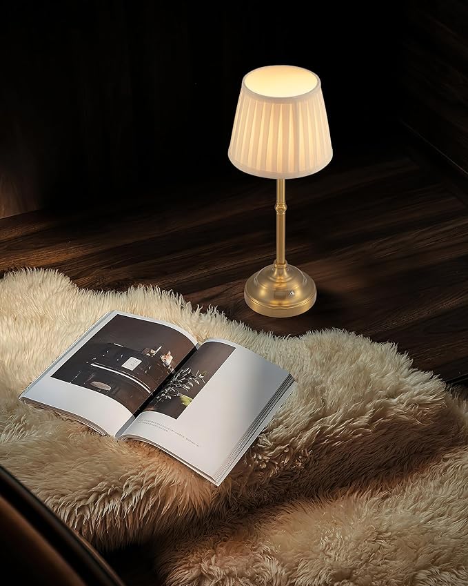 KDG Cordless LED Table Lamp Set of 2, Portables Fabric Shade Desk Lamps, 4000mAh Rechargeable Battery Powered Lighting, Dimmable Light for Dining Room, Bedroom, Bedside, Night Light, Balcony (Gold)