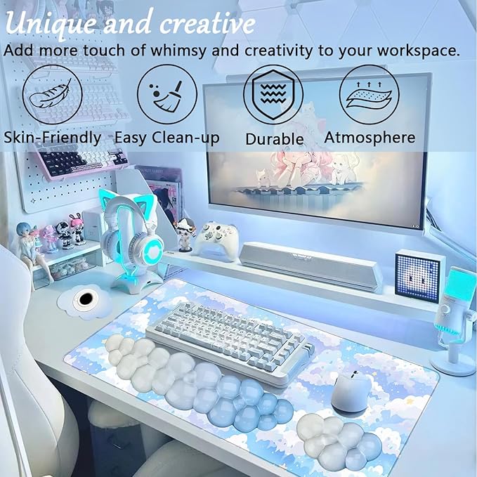 Gel Cloud Keyboard and Mouse Wrist Rest Set Gradient Blue Keyboard Wrist Rest Transparent Ergonomic Cute Mouse Wrist Pad Silicone Non-Slip Clear Wrist Rest for Computer Keyboard 60%68% 75% Home Office