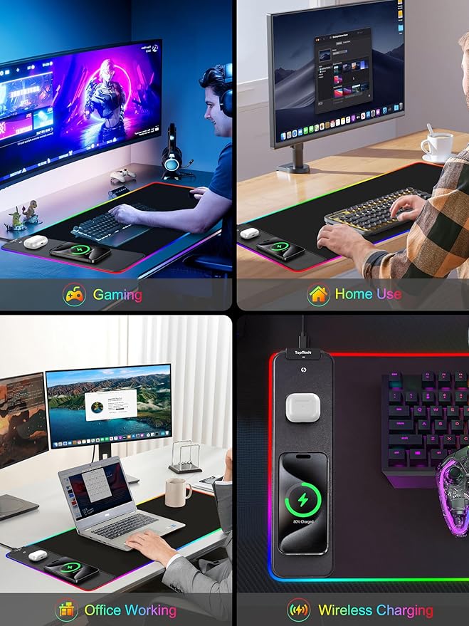TopMade Wireless Charging RGB Mouse Pad, Waterproof Gaming Desk Mat with 4 Light Modes & 11 RGB Colors, 31.5"x15.75" XXL Large Desk Pad(Includes 20W PD Power Adapter & 6.56ft Woven Cable)