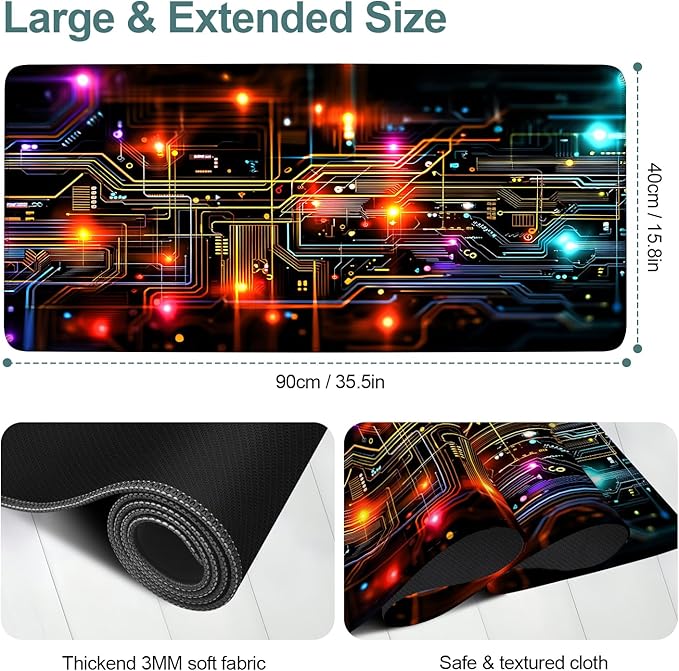 Lighting Extended Gaming Mouse Pad 35.4x15.7Inch Large Desk Mat Anti-Slip Rubber Base & Durable Stitched Edges for Gamers Smooth Mouse Writing Surface for Desk Office/Home