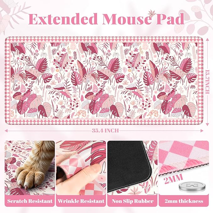 Large Mouse Pad for Desktop, Cute Desk Mat Pad Protector for Work & Gaming, Aesthetic Pretty Anti-Slip Laptop Blotter Cover for Office School Home Supplies, Pink Leaves, 35.4" x 15.7"
