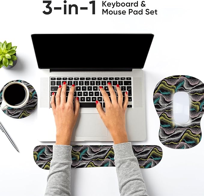 Wrist Rest Support for Mouse Pad Keyboard Set Circle Coaster Gaming Mouse Pad Ergonomic Gel Memory Foam Set for Computer, Laptop, Office, Comfortably Typing New KM-41